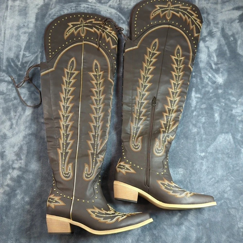 Women Thigh High Over the Knee Boot Size 10 Side Zipper Embroidery Cowgirl Boot